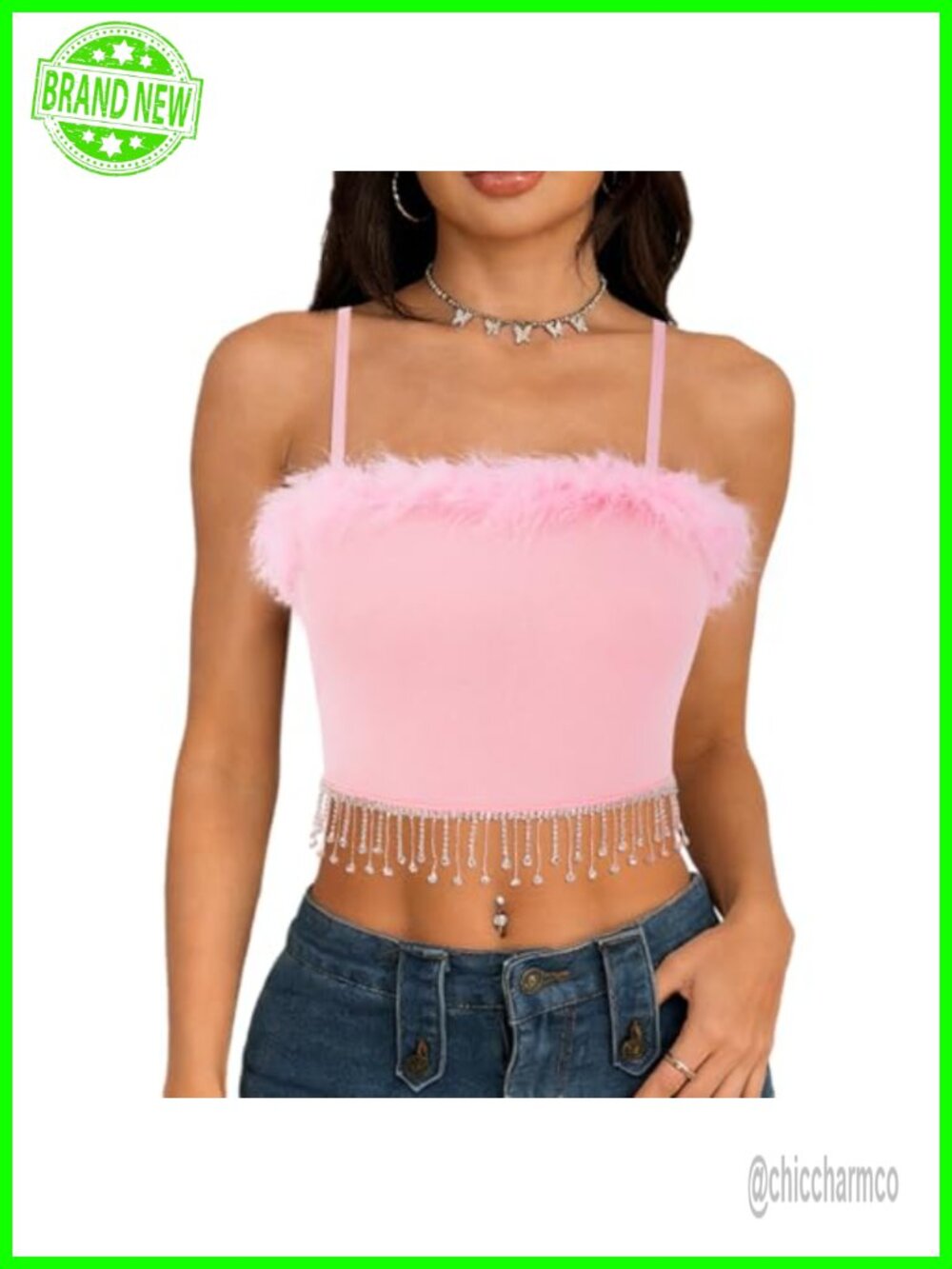 Faux Fur Rhinestone Fringe Crop Top Sparkle Tank Top Party Clubwear